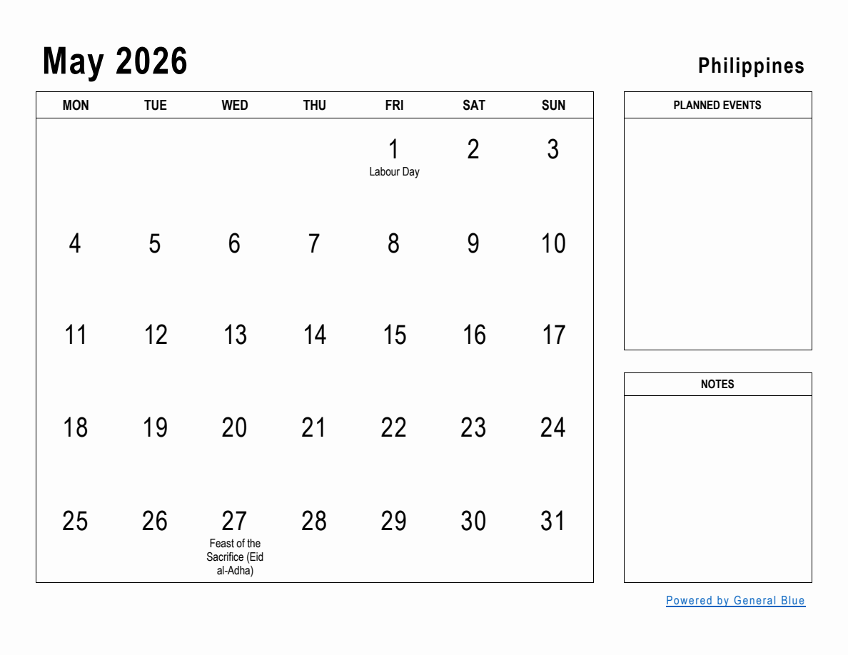 May 2026 Planner With Philippines Holidays Monday Start 