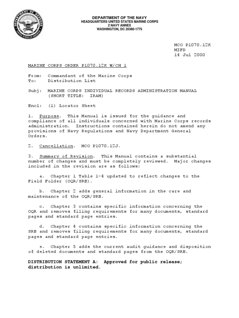 Mco P1070 12K W CH 1 PDF PDF Military Discharge Military