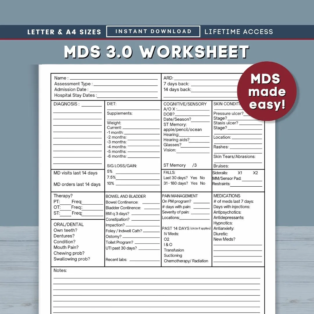 MDS 3 0 Assessment Worksheet Nursing Home Long Term Care Nurse 