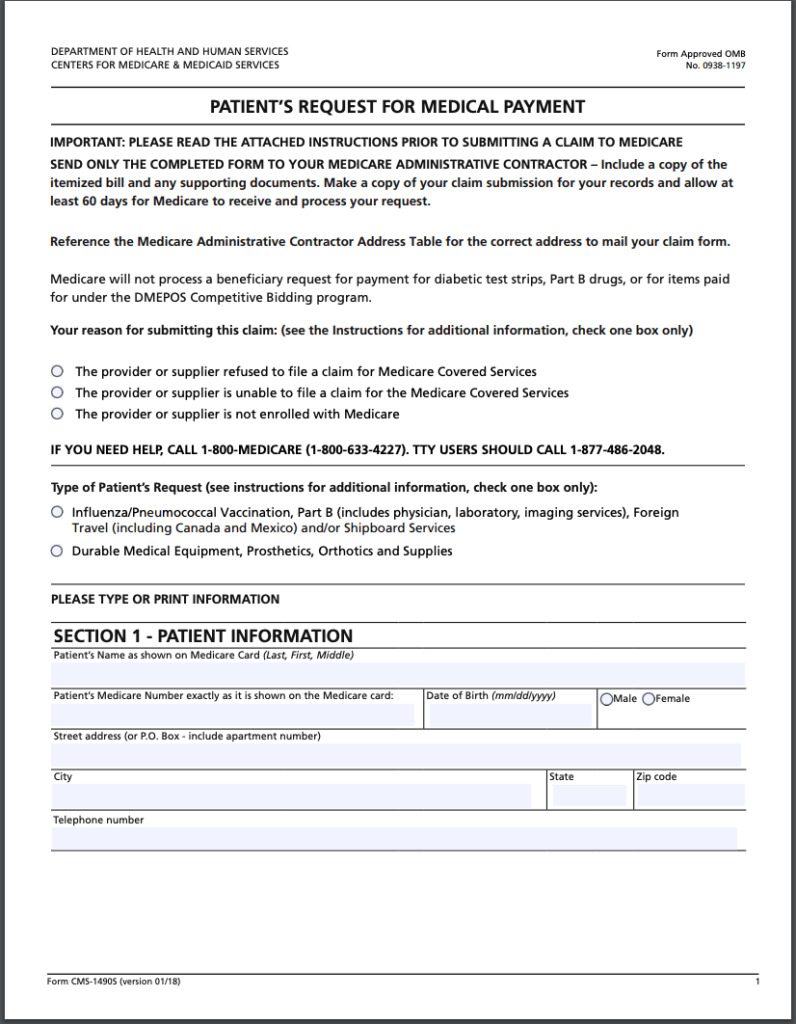 Medicare Reimbursement With A Request For Medical Payment Form 