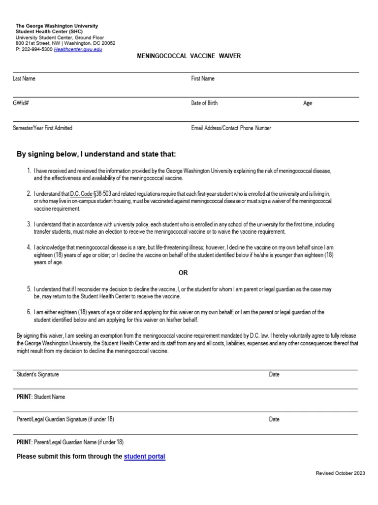 Meningococcal Vaccine Waiver Fall 2023 PDF Vaccines