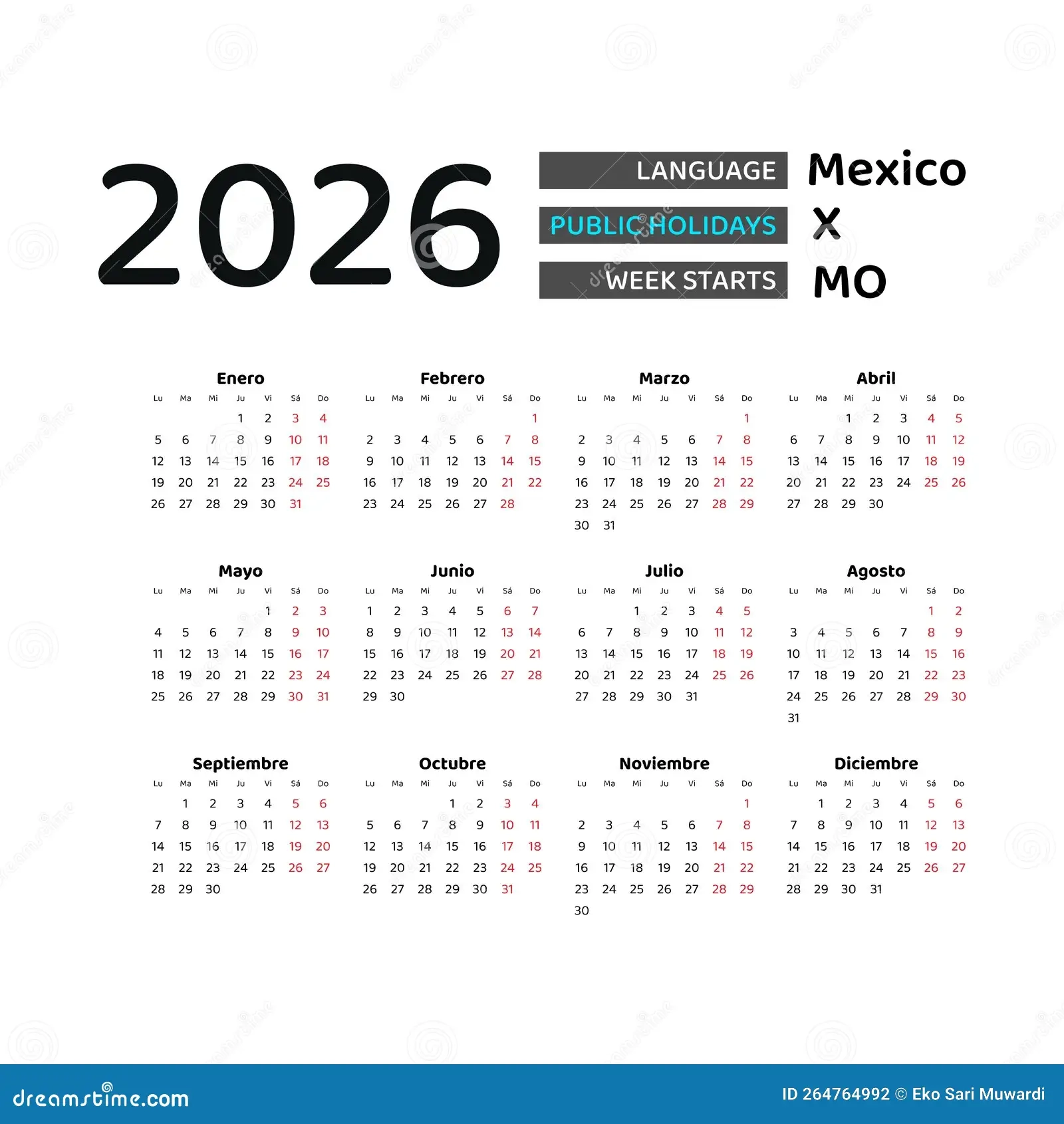 Mexico Calendar 2026 Week Starts From Monday Vector Graphic 
