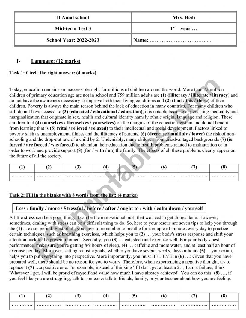 Mid Term Test 3 1st Form ESL Worksheet By Wasima