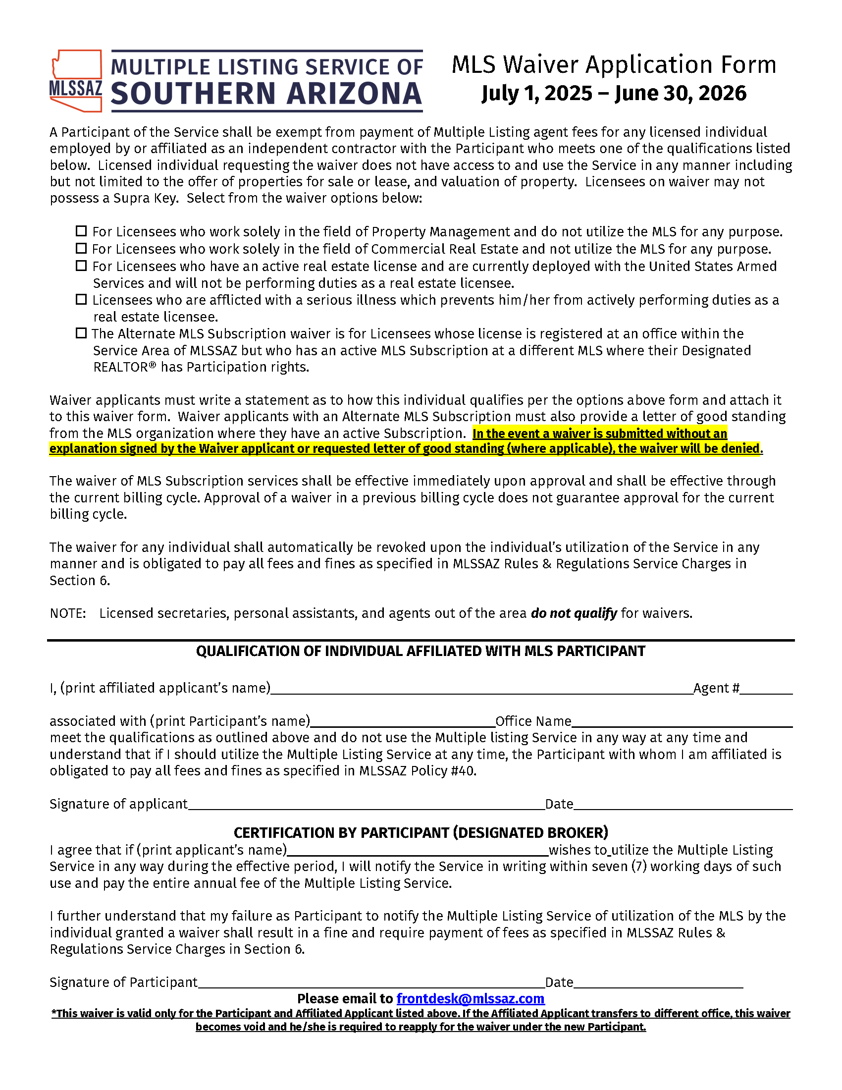 MLS Waiver Form MLS Of Southern Arizona MLSSAZ
