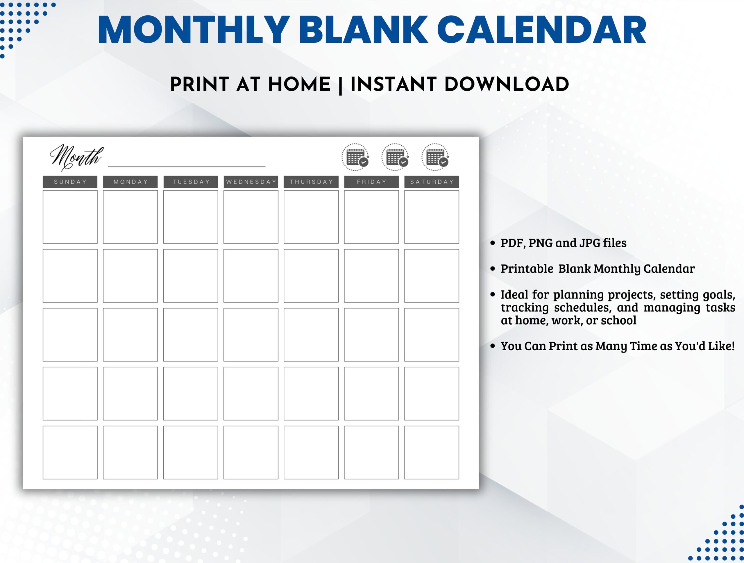 Monthly Blank Calendar Printable Monday amp Sunday Starts 
