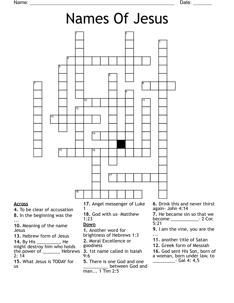 Jesus Crossword Puzzles For Kids