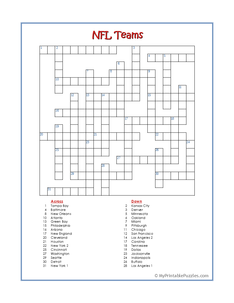 NFL Teams Crossword Puzzle My Printable Puzzles NFL Teams Crossword Puzzle My Printable Puzzles