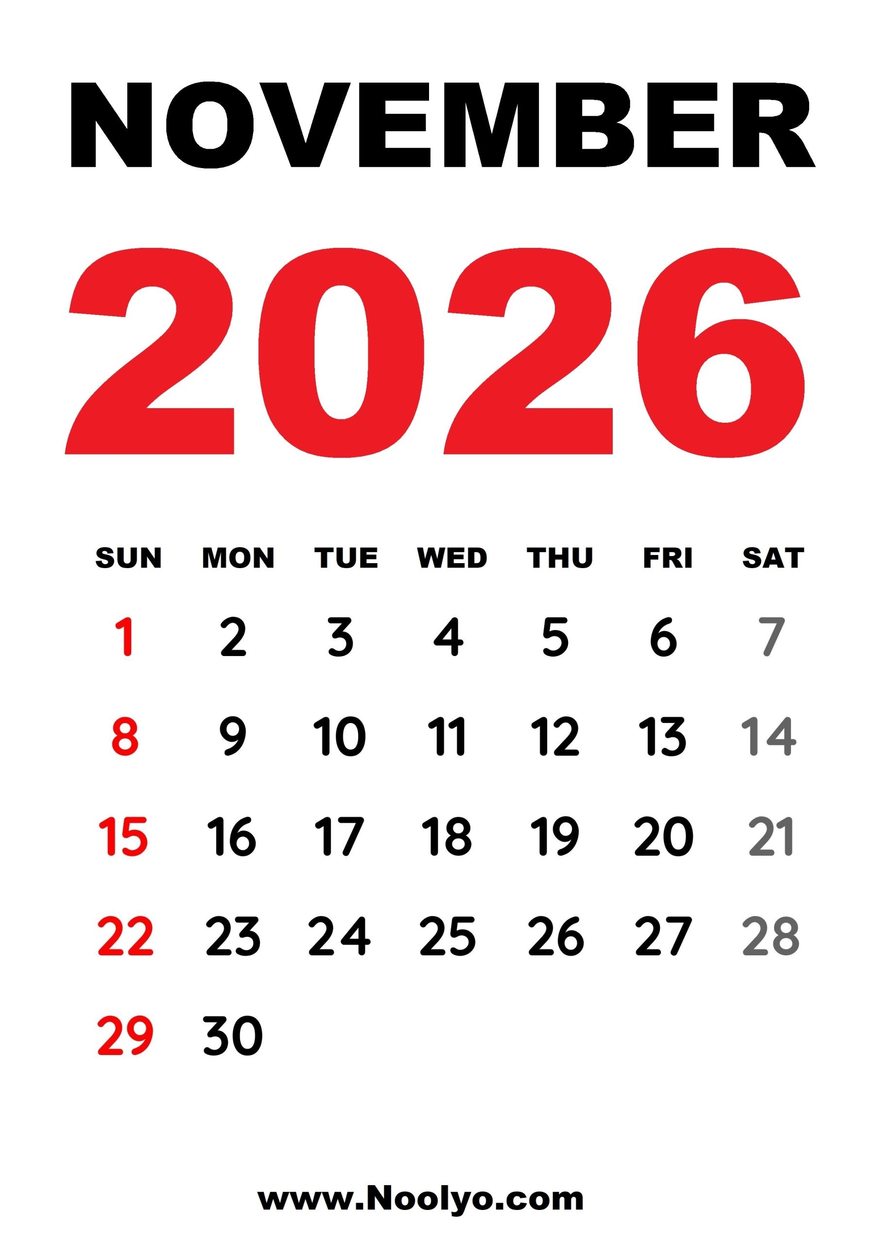 November Blank Calendar 2026 Printable Free