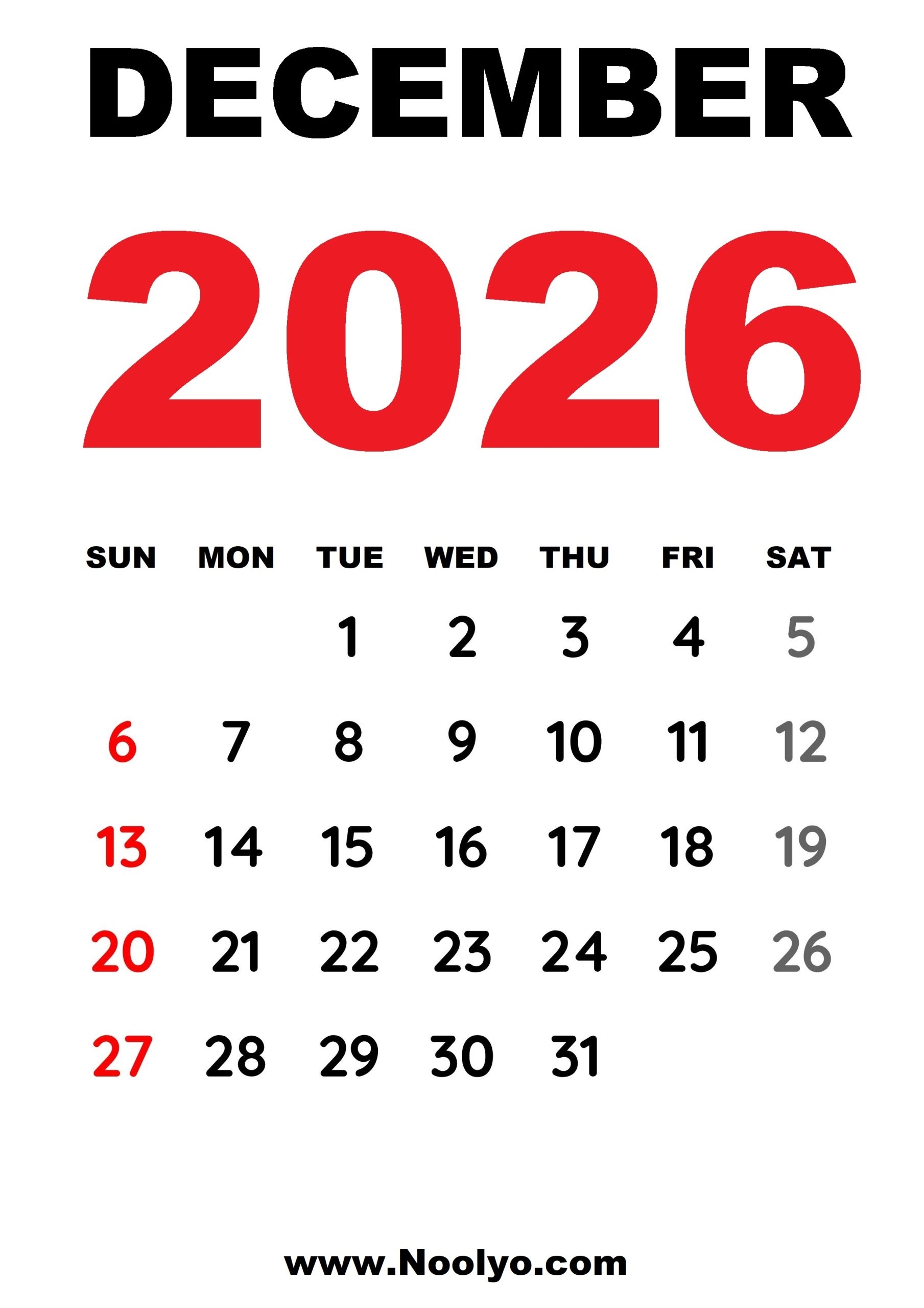 Printable Calendar With Holidays 2026 December