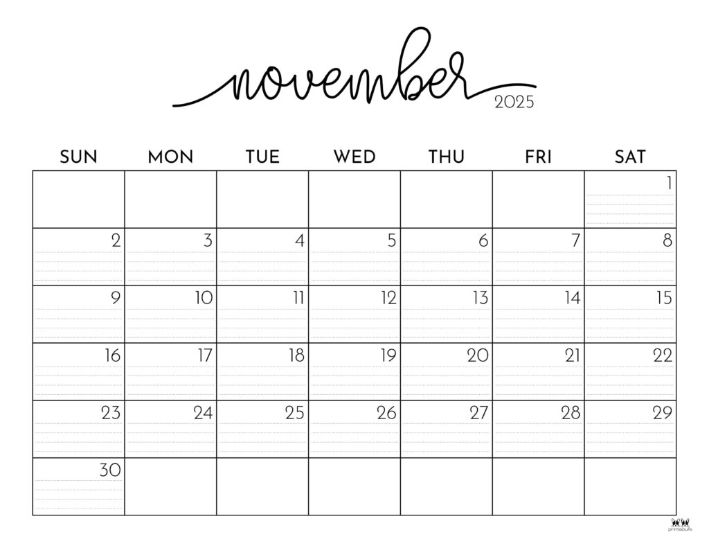 November Calendar Number Printable