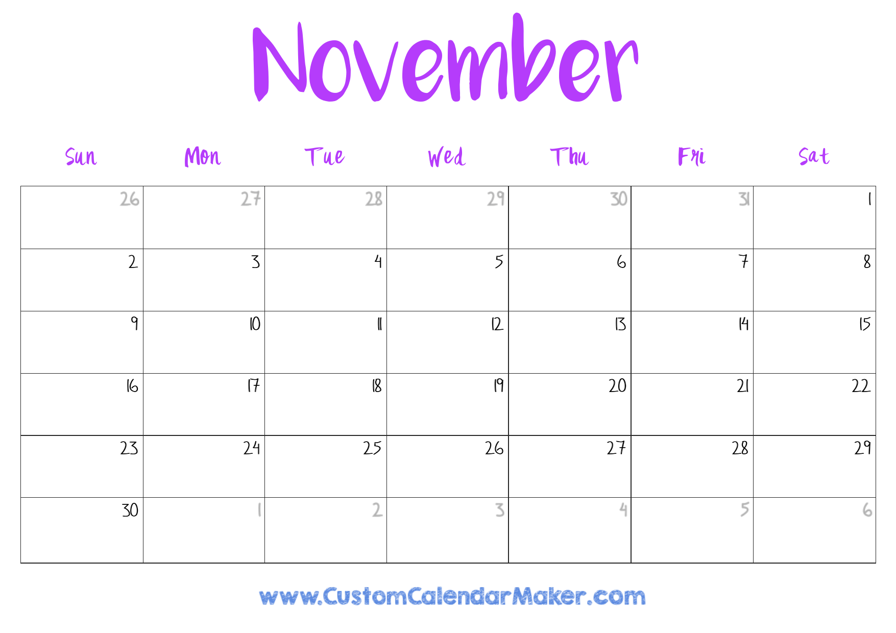 Printable Monthly Calendar November