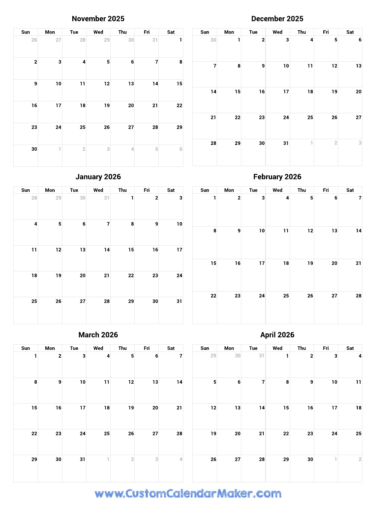 Printable Calendar November To December 2026