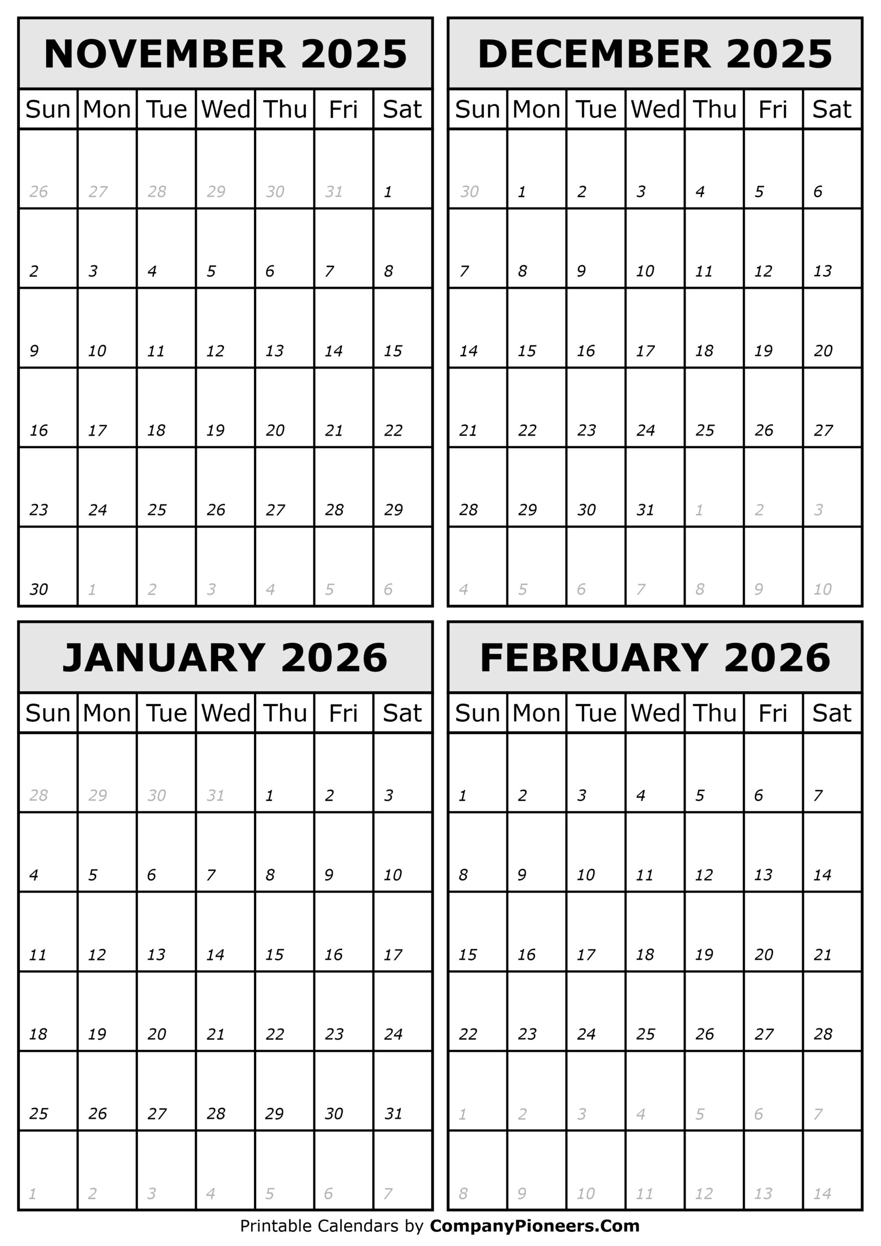 Printable Calendar November To February