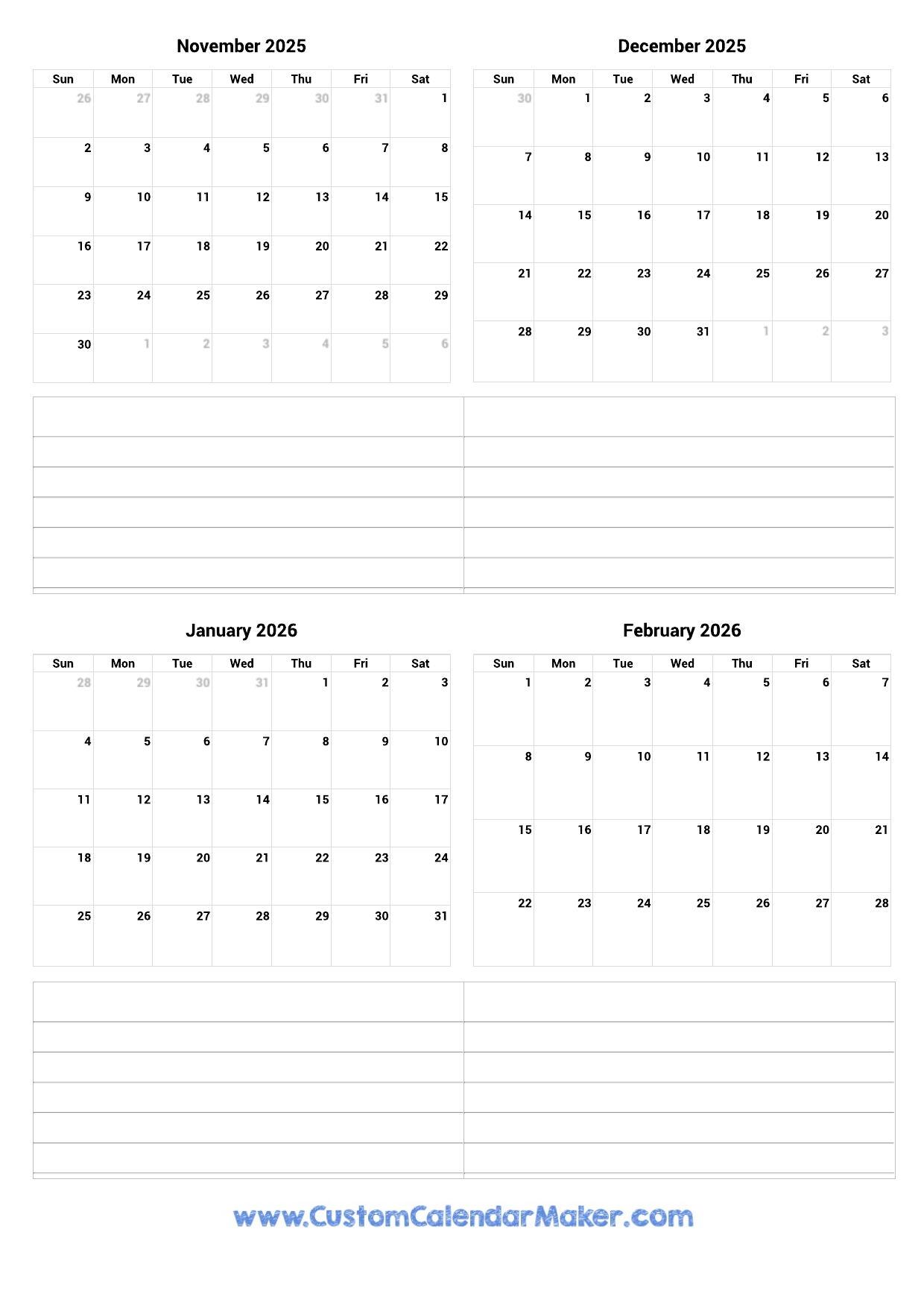 November 2025 To February 2026 Printable Calendar Custom 