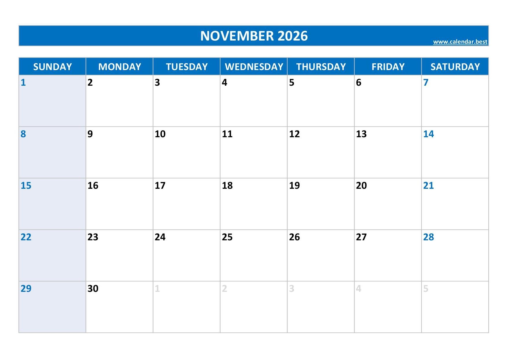Printable Calendars For November 2026