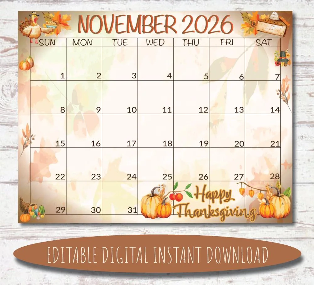 November 2026 Calendar Etsy