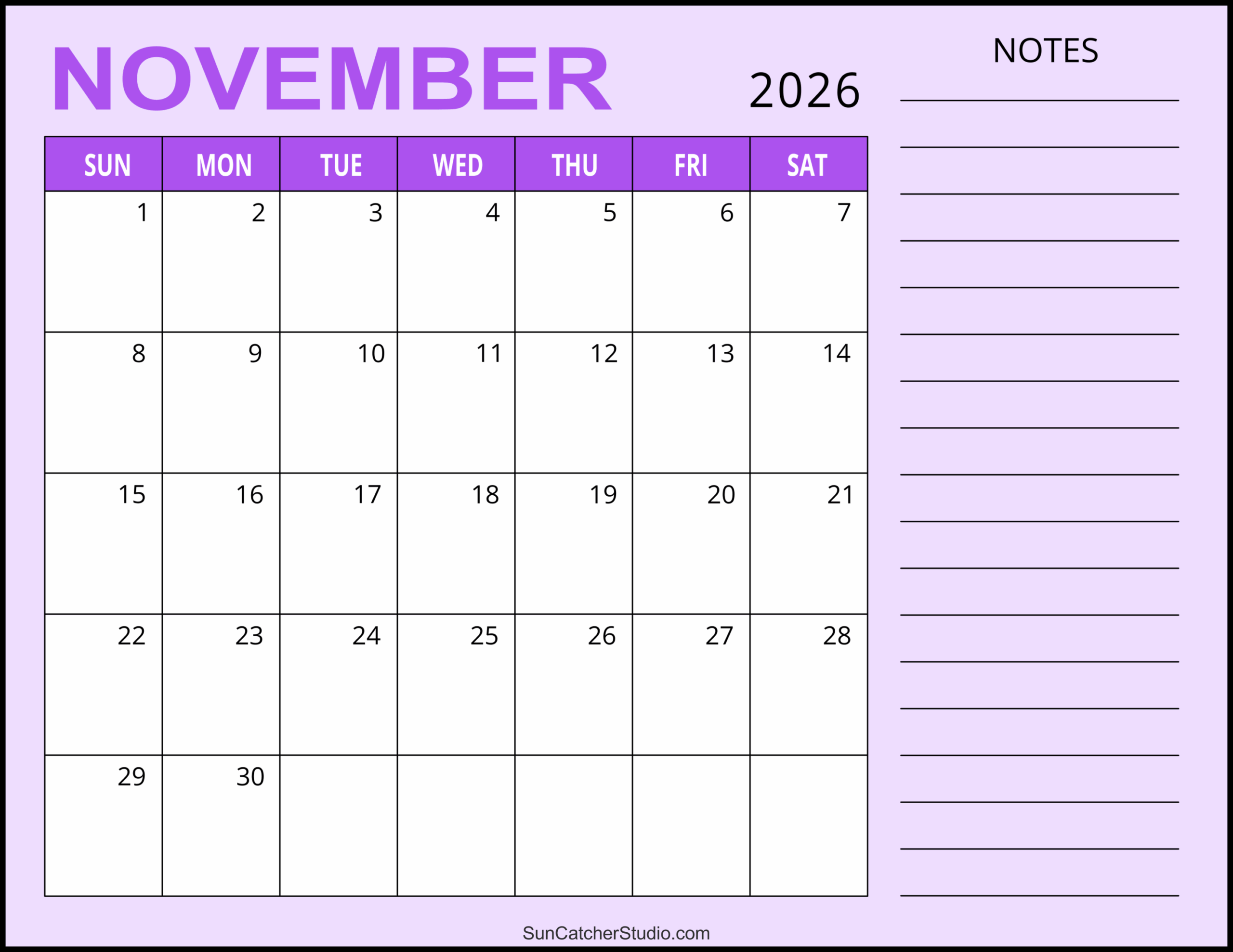 November 2026 Landscape Calendar Printable