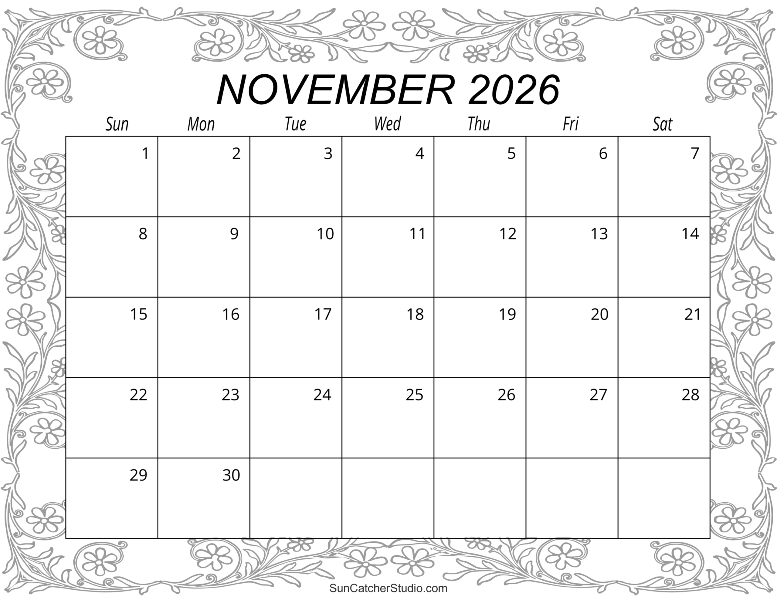 November Calendar For 2026 Printable