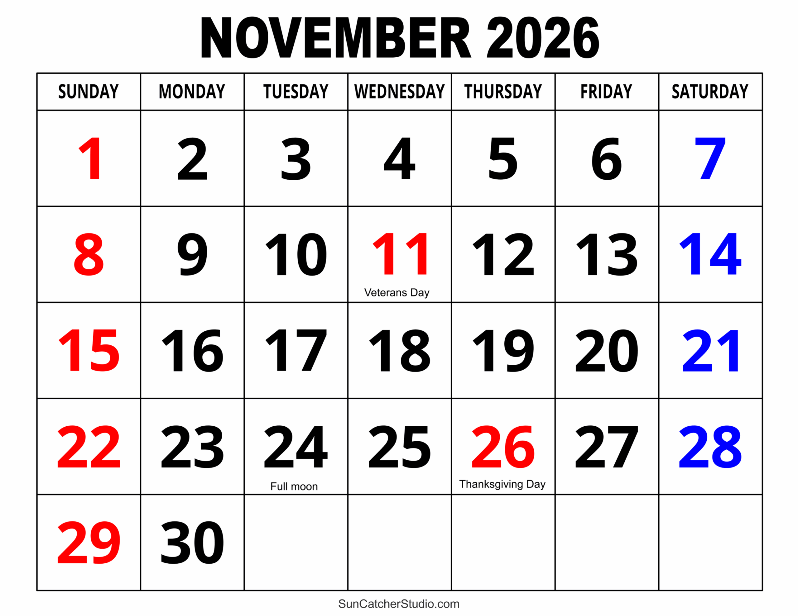 Free Printable November 2026 Calendar Template