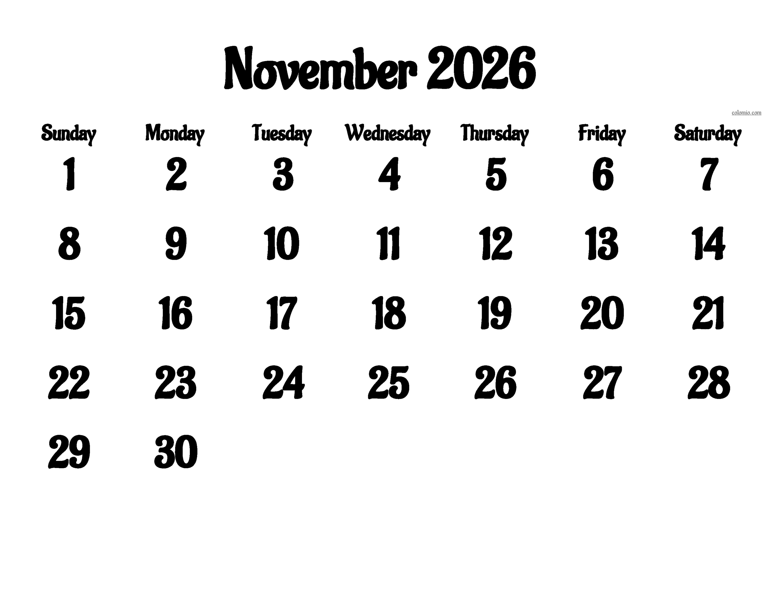 Calendar Weekly November 2026 Printable