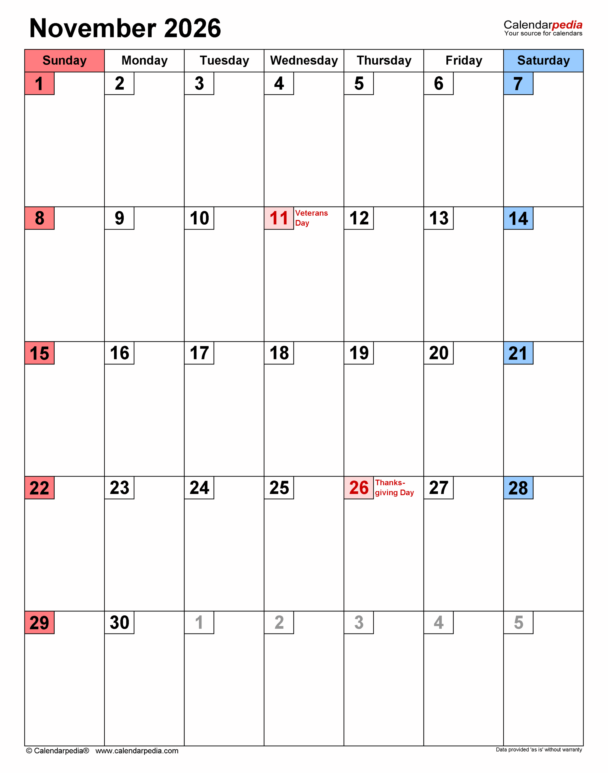 Large November 2026 Fillable Printable Calendar