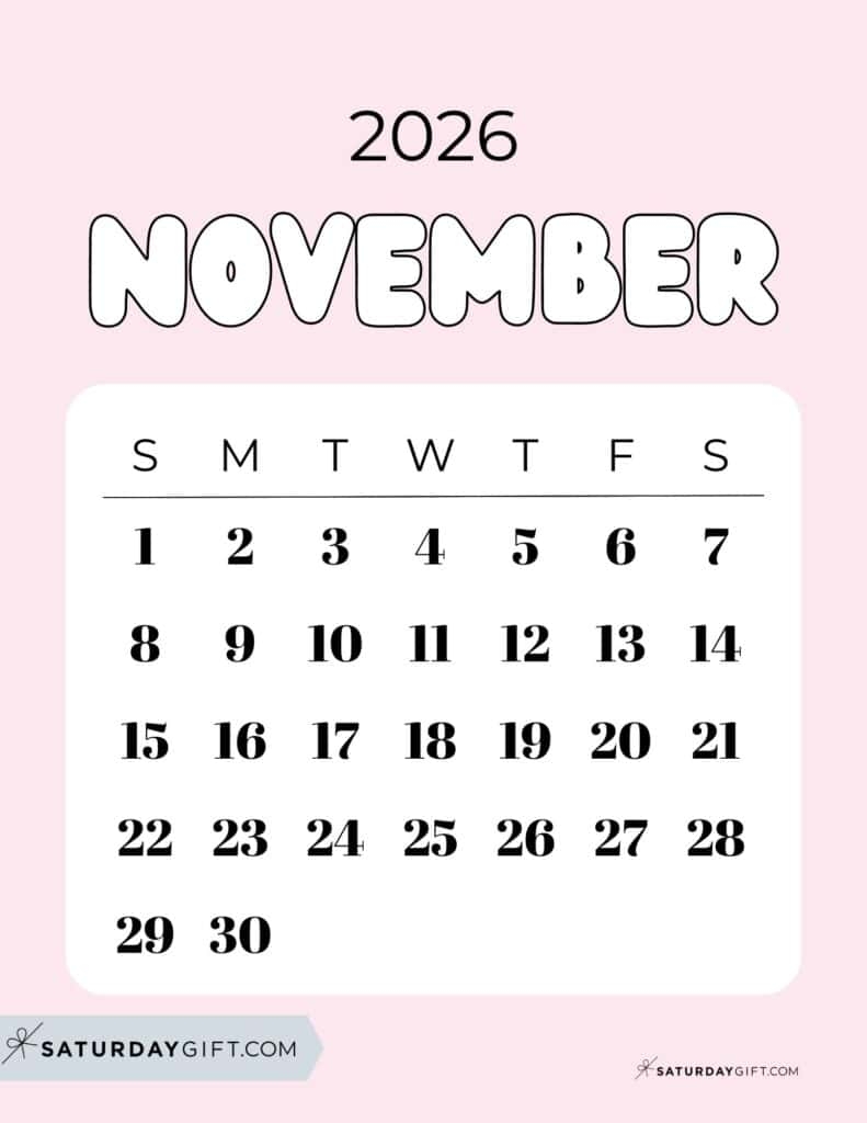 Printable Pretty November 2026 Calendar