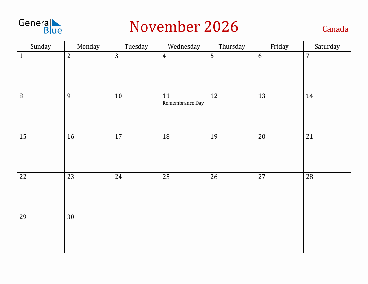 November 2026 Canada Monthly Calendar With Holidays