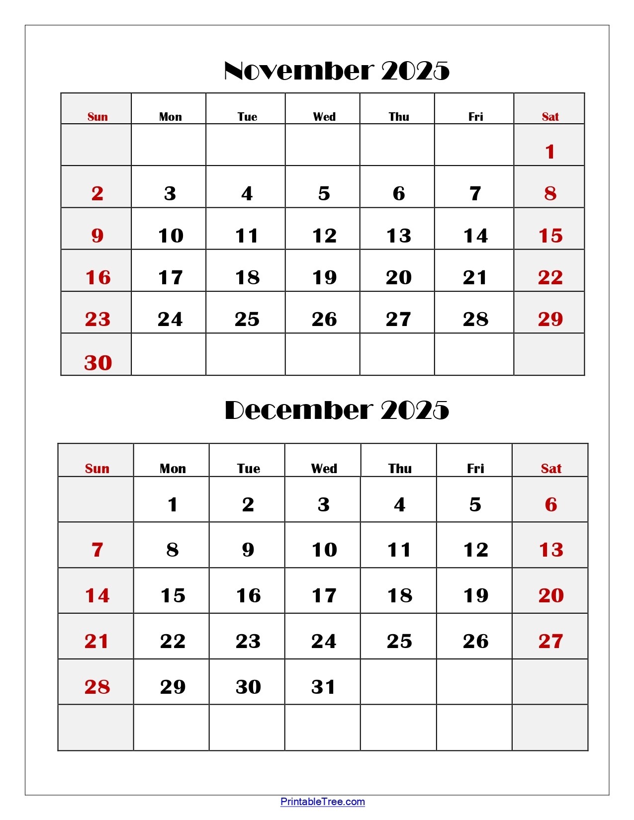 Printable Calendar For November And December