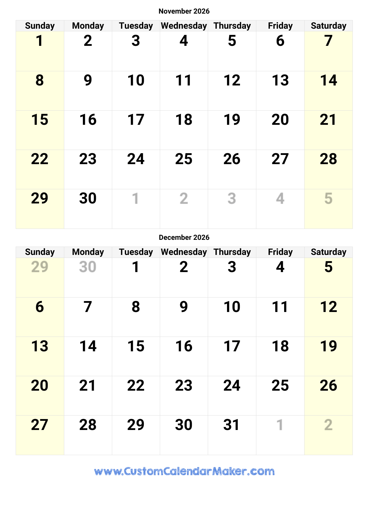 Printable 2026 Calendar November And December