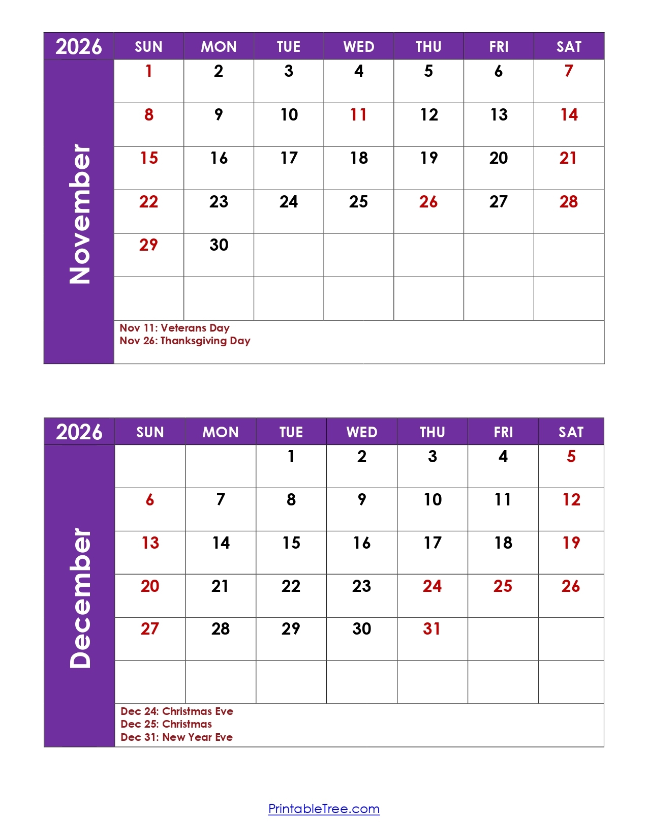 November December Calendar 2026 Printable