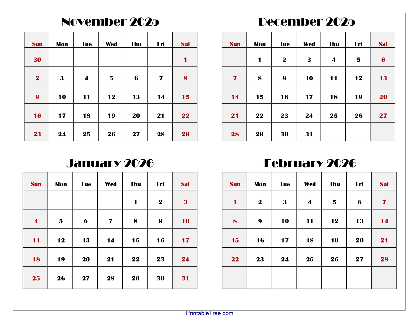 November To February 2026 Calendar Printable PDF Four Months 