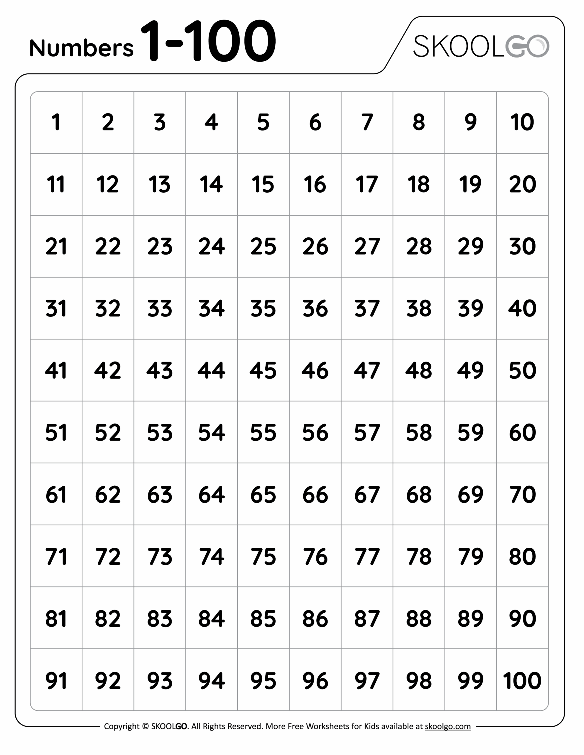 Printable Numbers 1 100 Worksheets