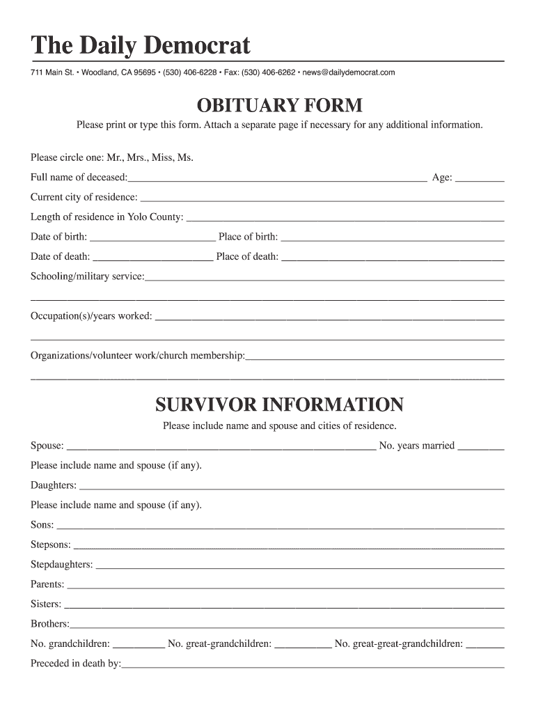 Printable Template For Obituary