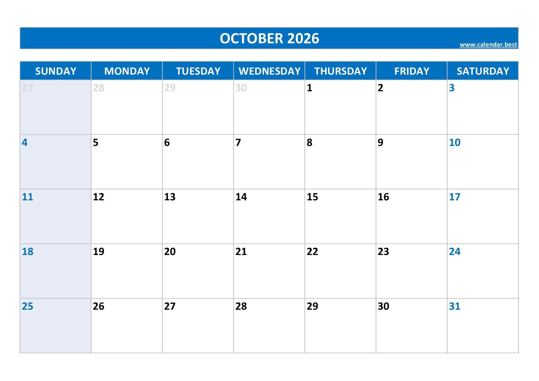 Blank Calendar Pages October 2026 Printable