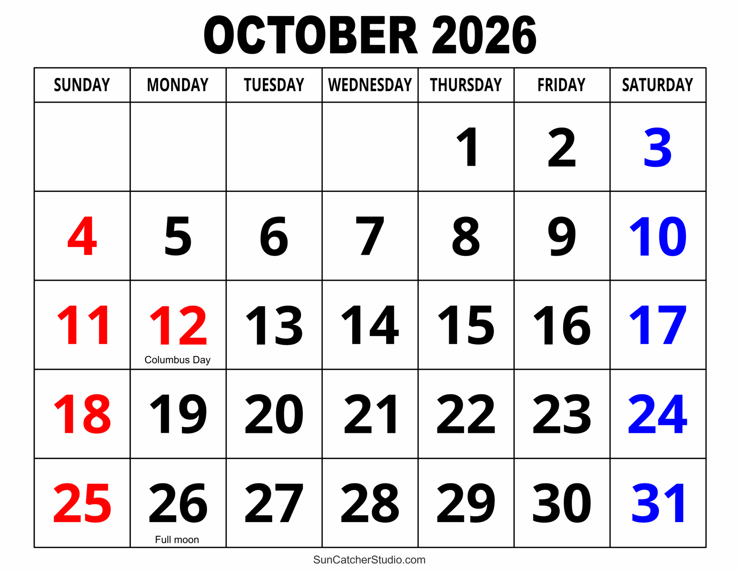 October 2026 Calendar With Holidays Printable