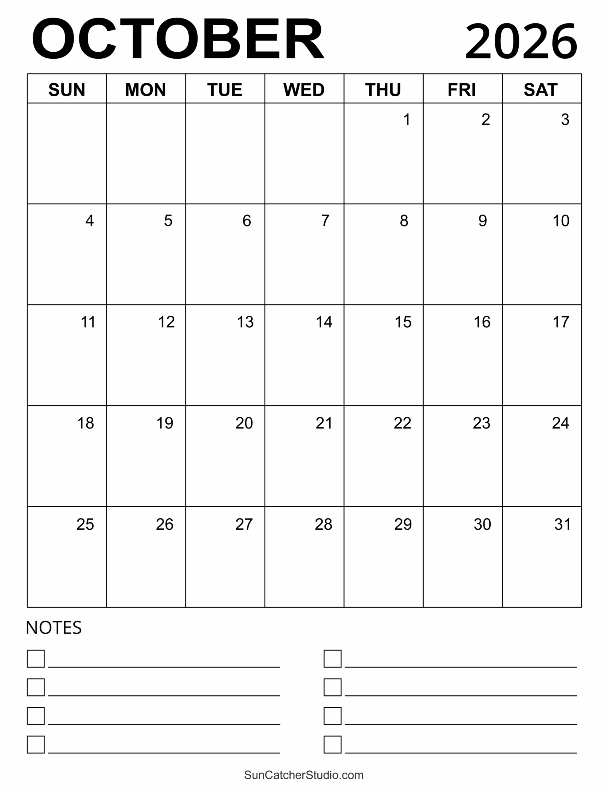 October Blank Calendar 2026 Printable Free