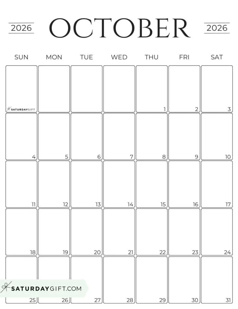 Blank Monthly Calendar Printable Oct 2026