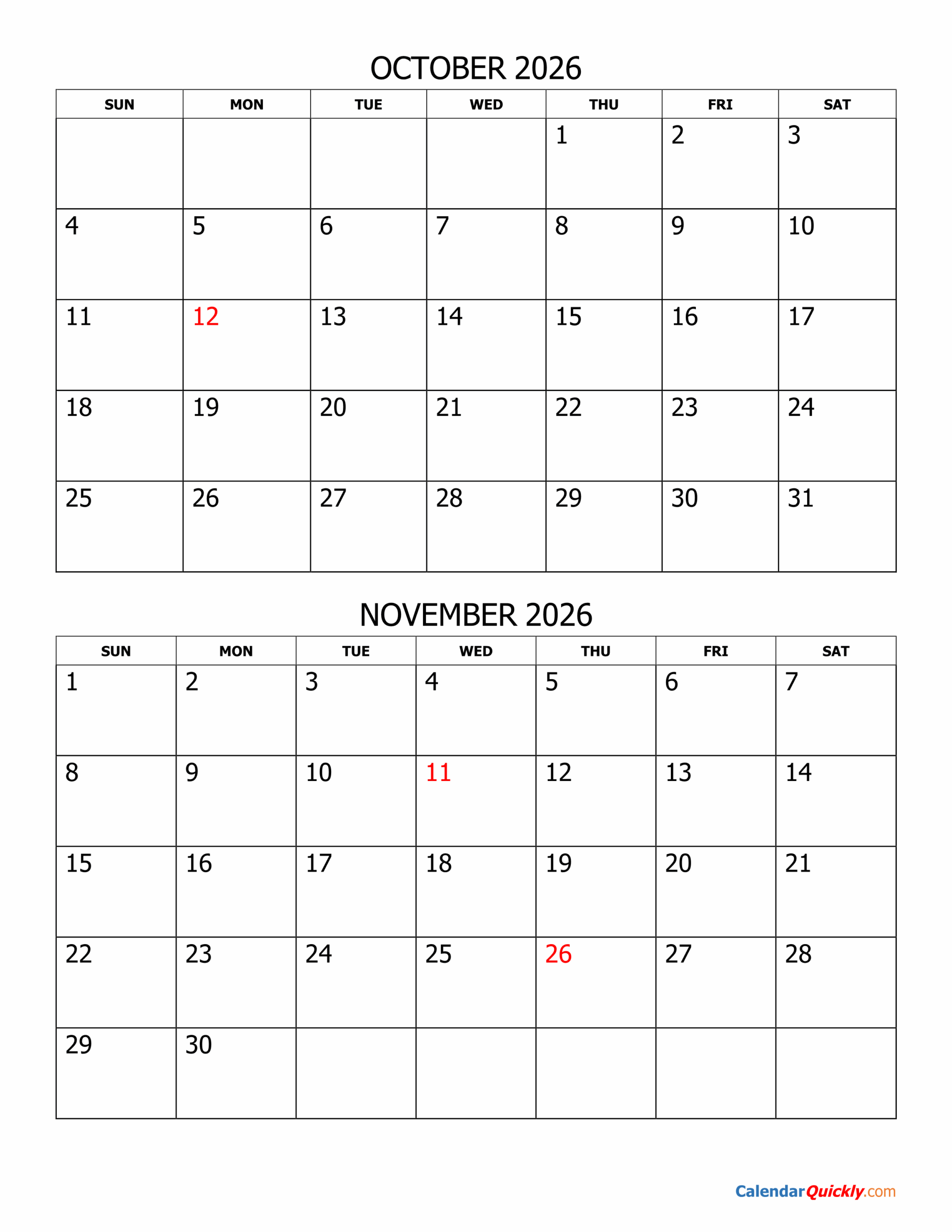October And November 2026 Calendar Calendar Quickly