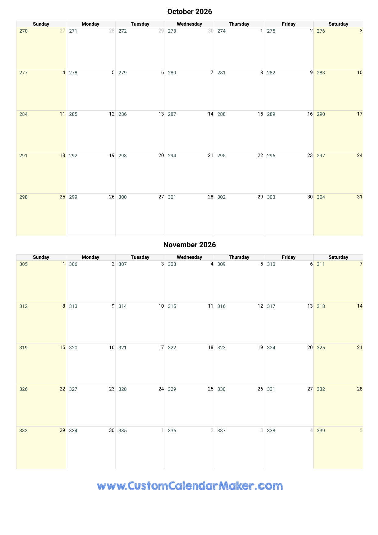 October And November 2026 Calendar Custom Calendar Maker