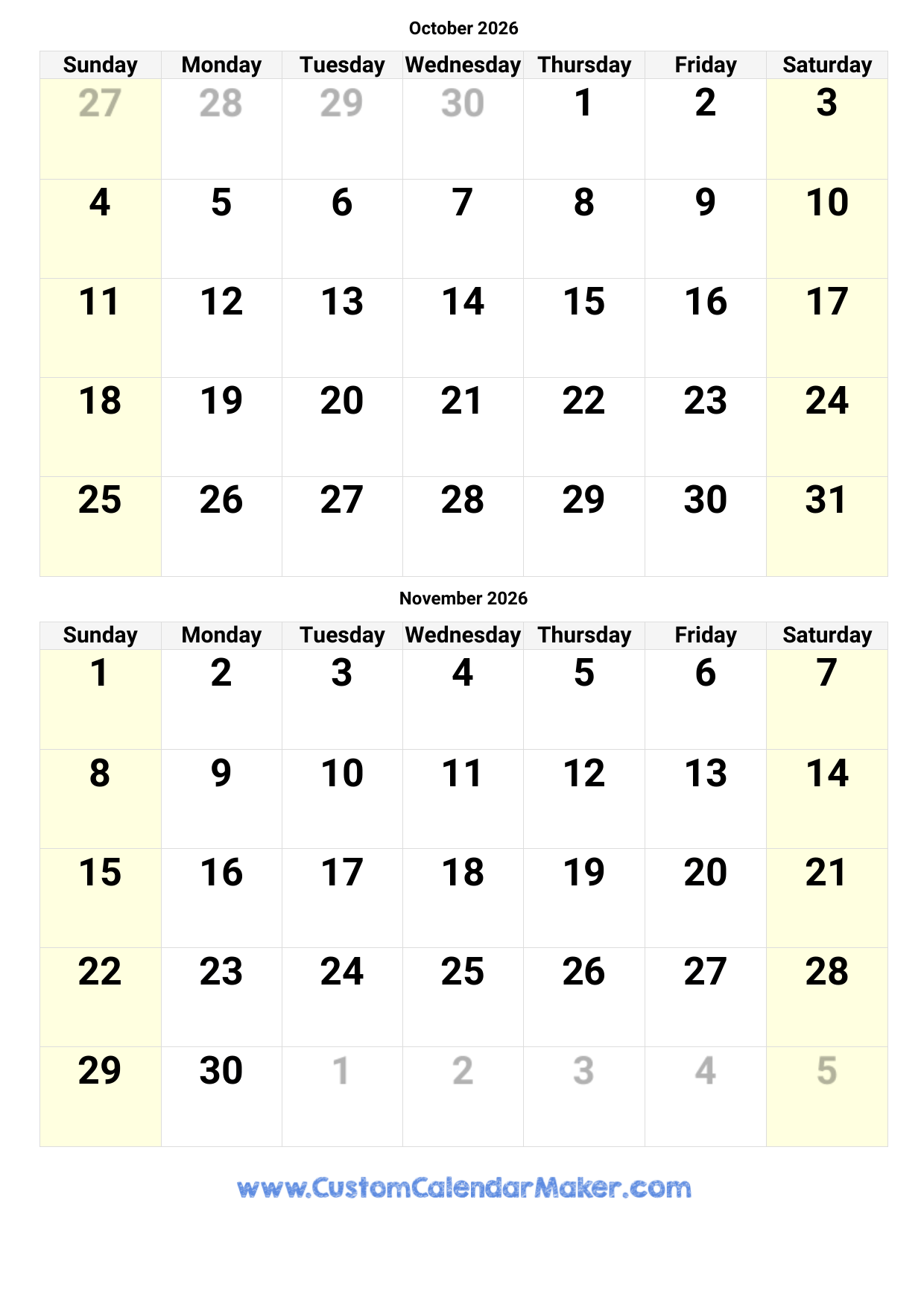 Printable Verticle Calendar November 2026