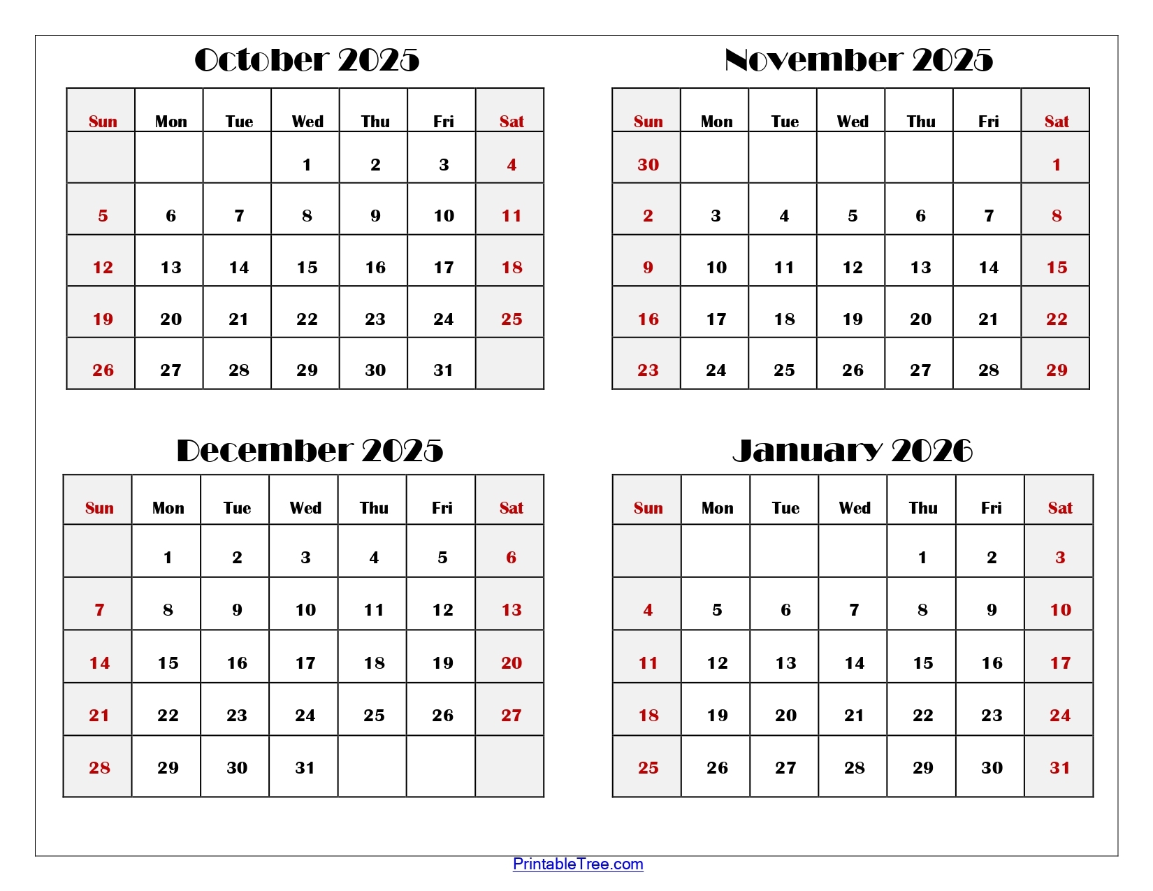 October November December2026 Calendar Printable