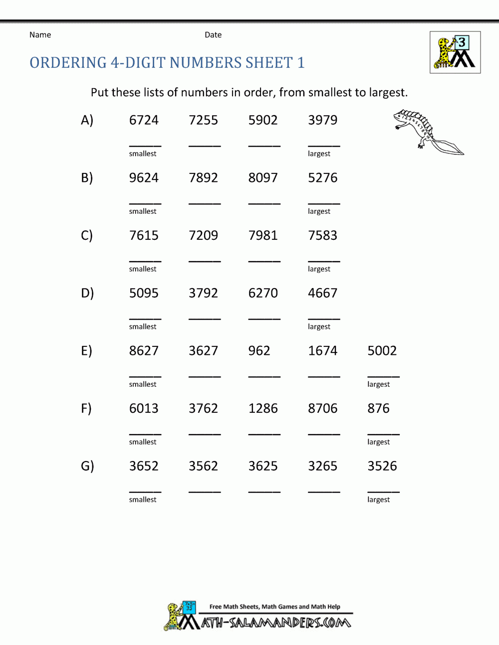 Numbers In Order Worksheet Printable