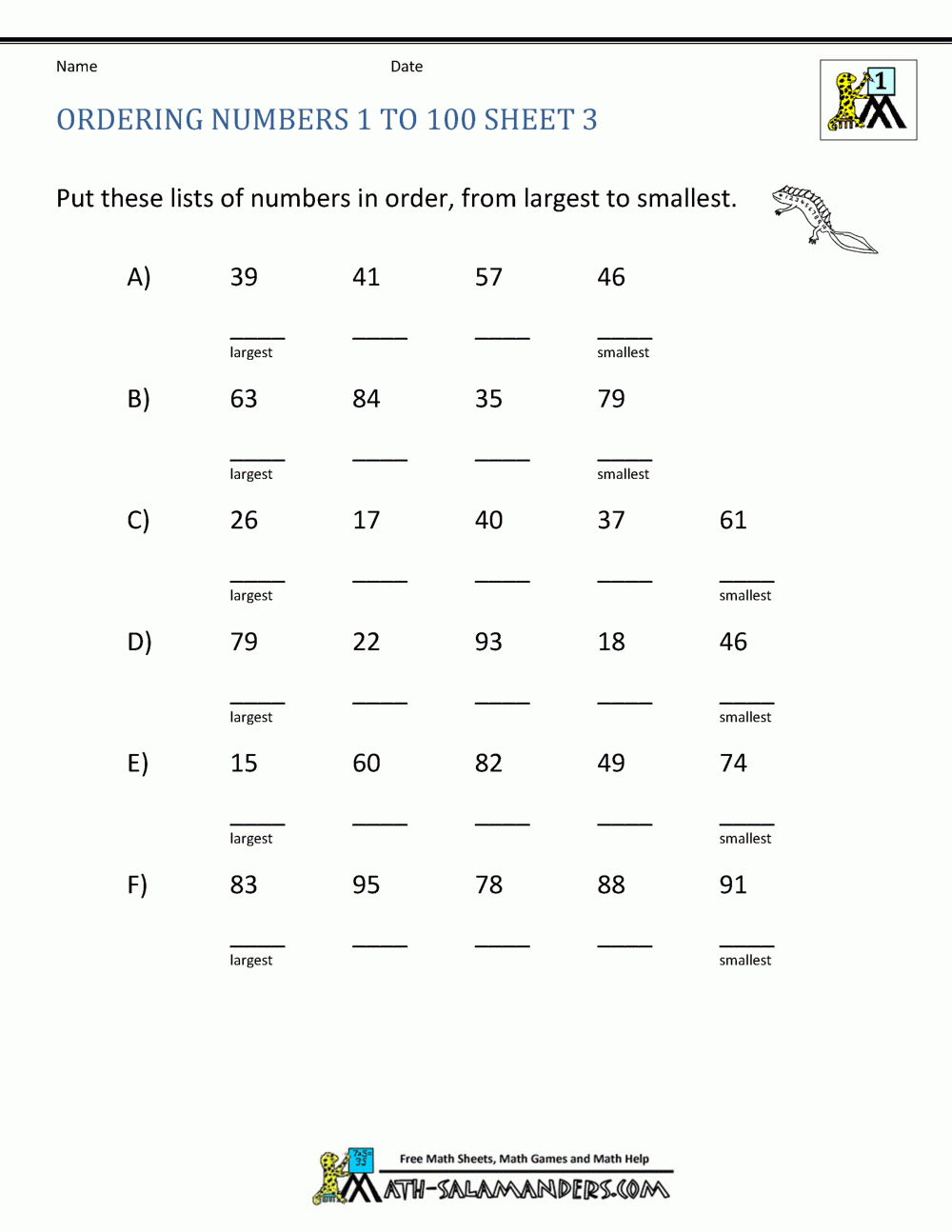 Ordering Numbers Worksheet Up To 99