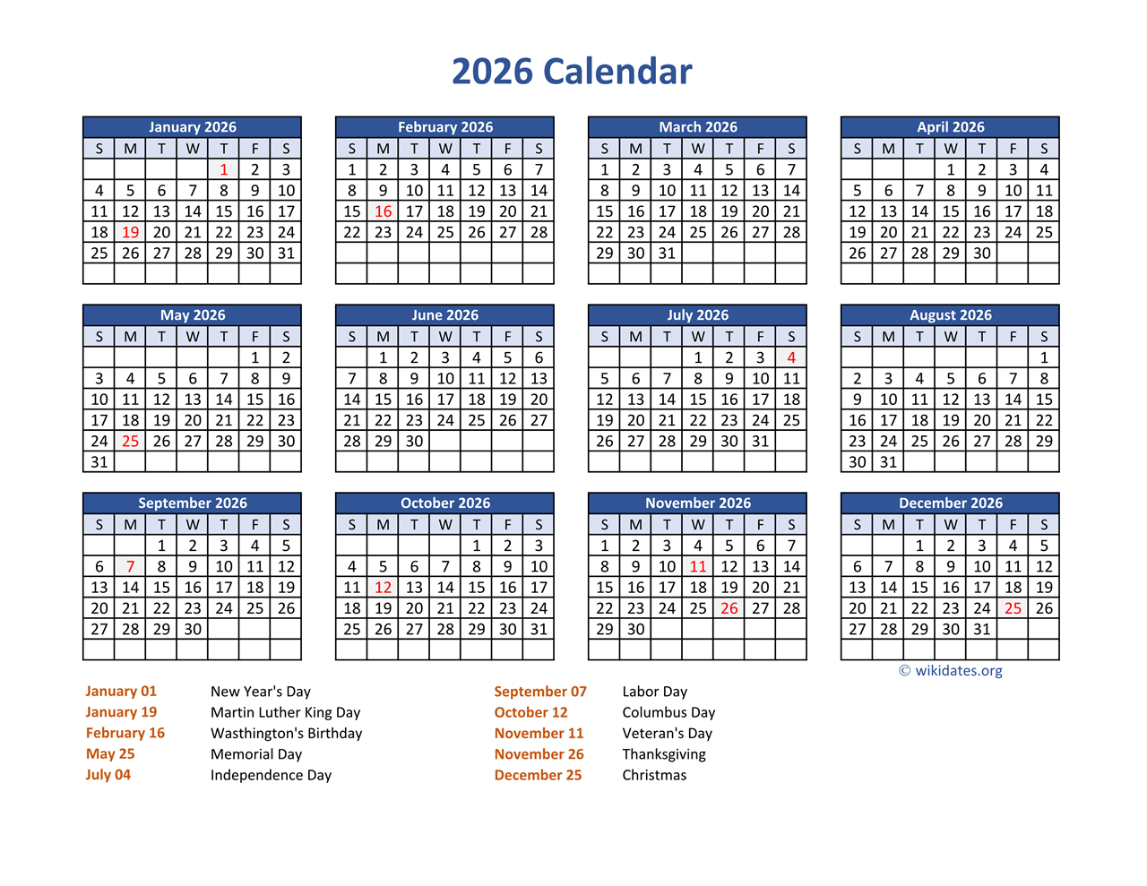 Printable 2026 Calendar With Holidays Free