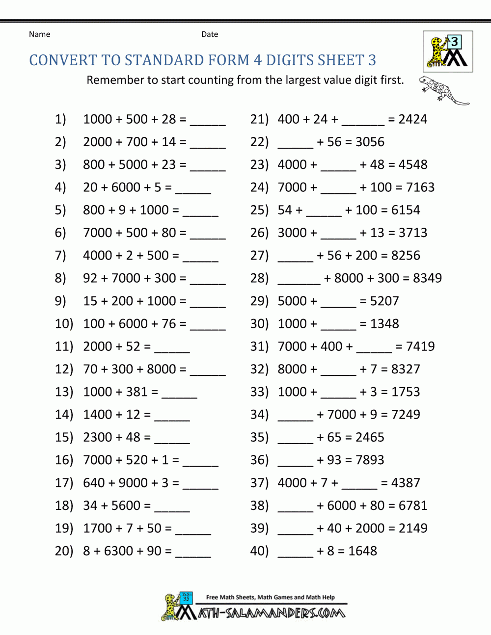 Place Value 4 Digit Numbers Worksheets Library