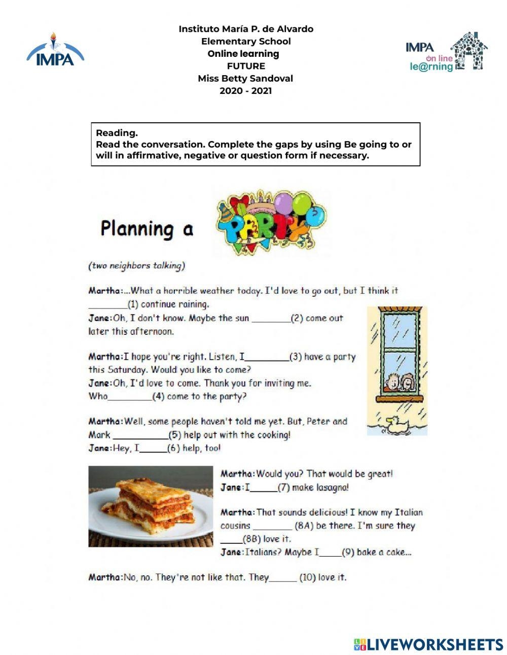 Planning A Party Free Interactive Worksheets 6832523