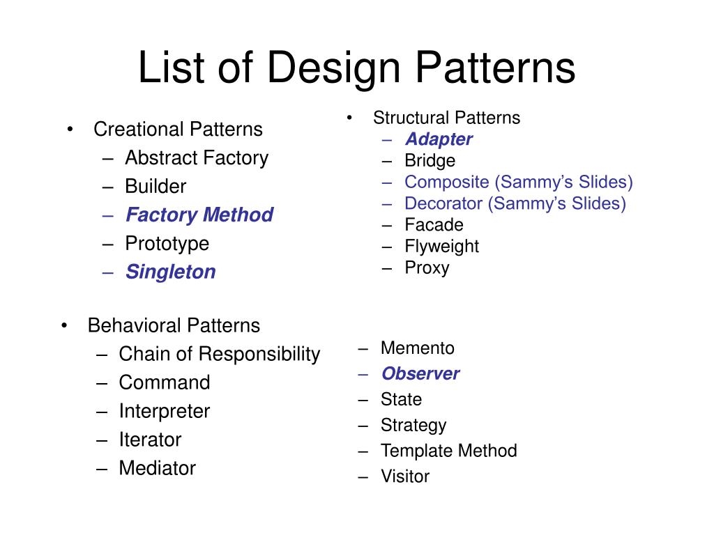 PPT List Of Design Patterns PowerPoint Presentation Free 