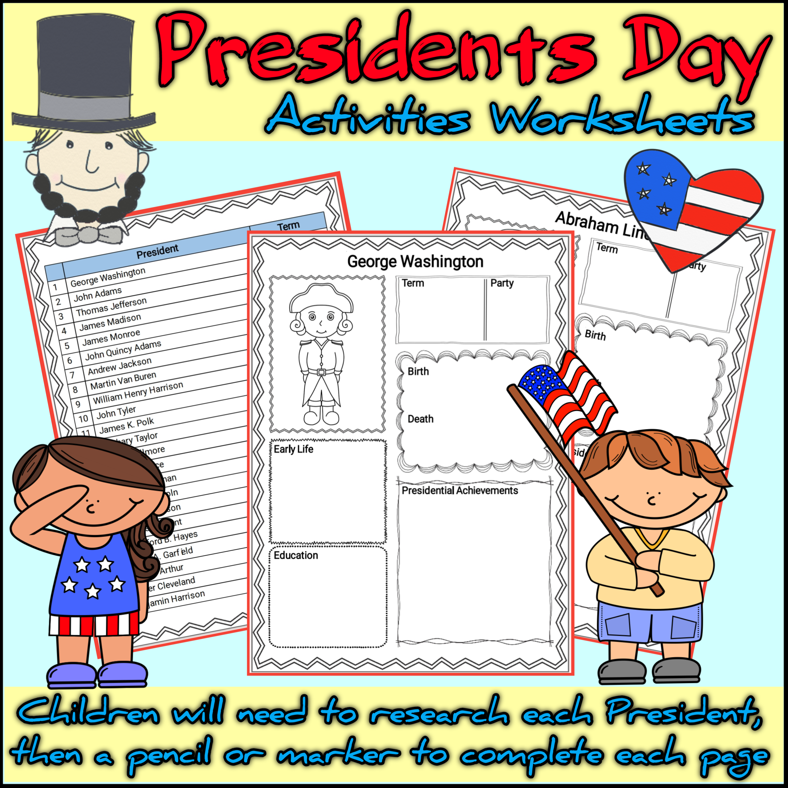 President s Day Activities Or Colouring Pages Printable US 