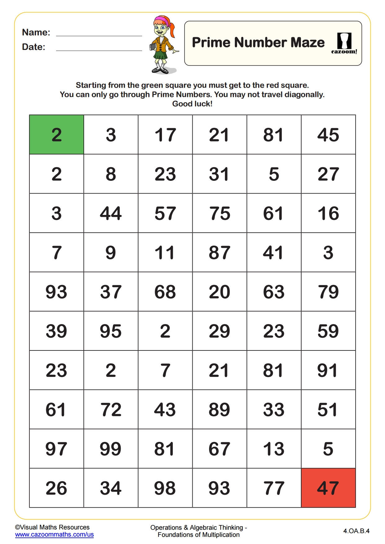 Prime Numbers Printable Worksheet