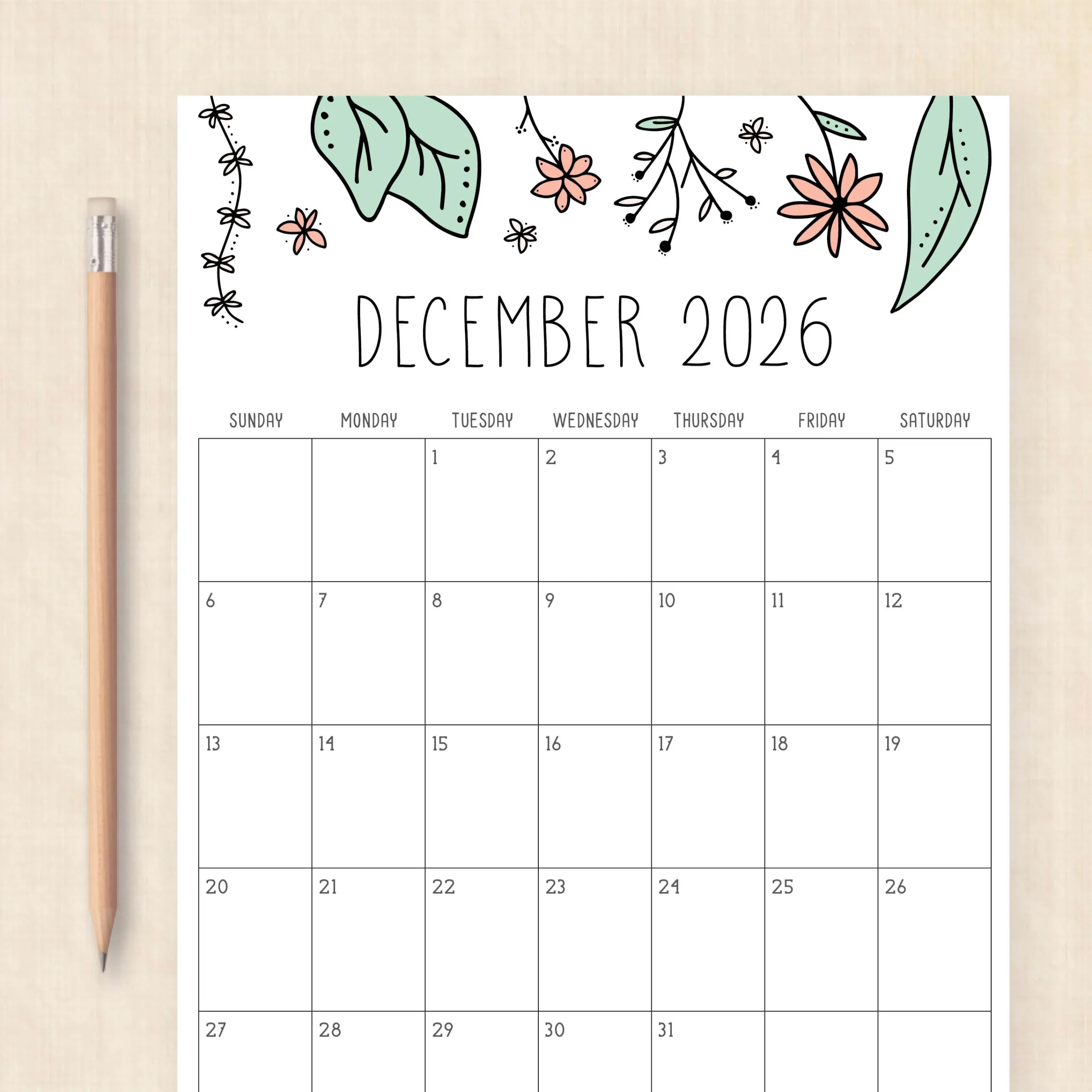 Printable 2026 Calendar Rhododendron Rain